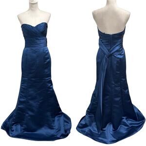 VTG 90s Bill Levkoff‎ Navy Blue Strapless Satin Gown Bridesmaid Prom Black Tie 4